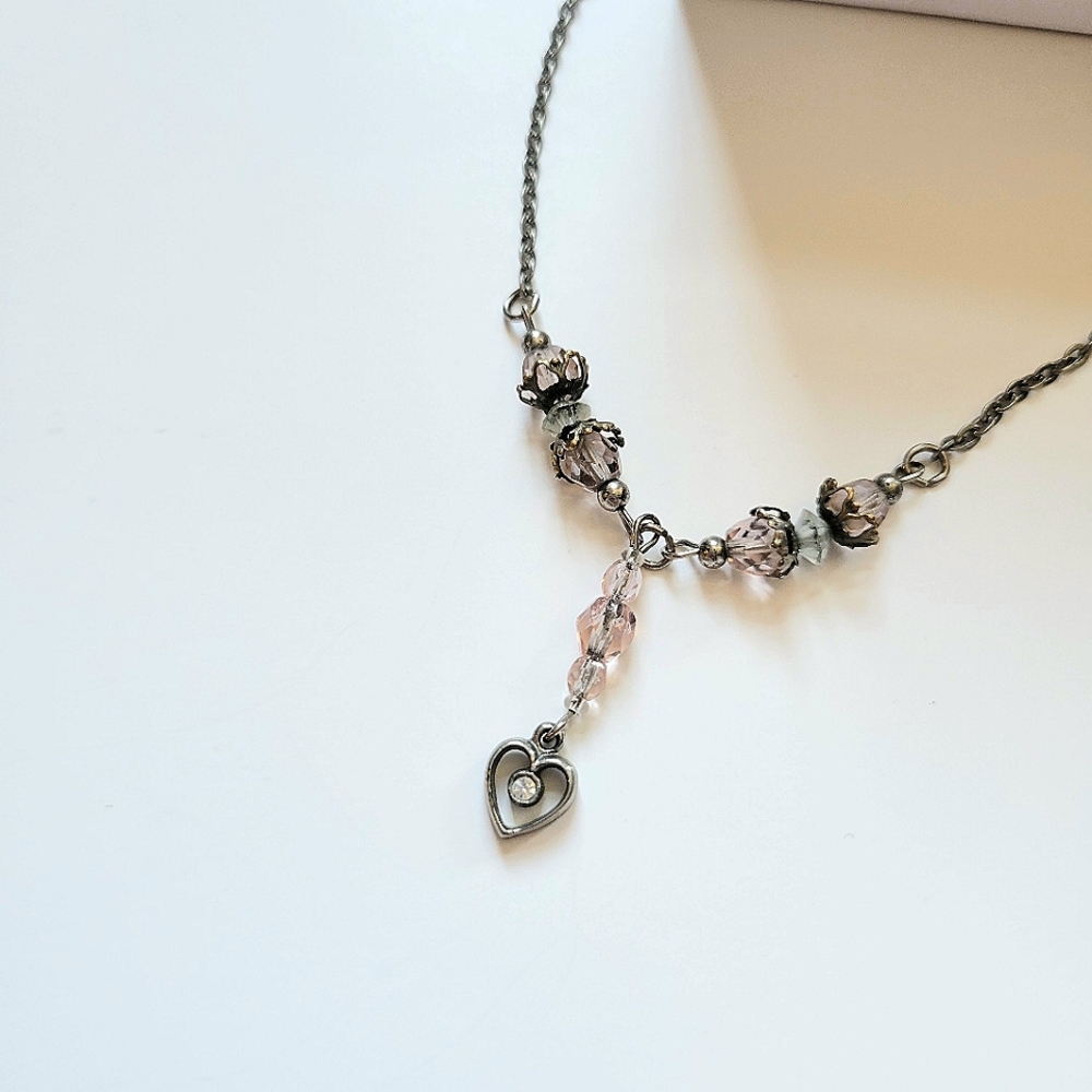 Y-Shaped Vinatge Pink Heart Necklace
